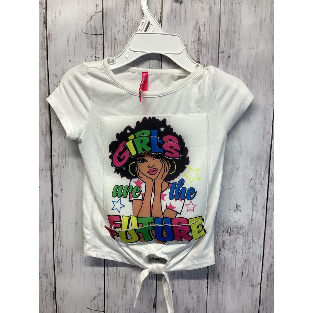 Cute 4 U Girls T-Shirt Size 2T White Multi Graphic Print Knotted Crew Neck
